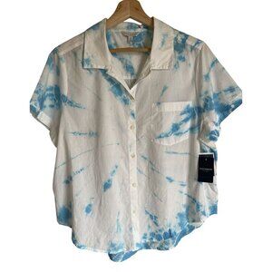 New! Lucky Brand Size Large Blue White Tie Dye 100% Cotton Short Sleeve Collared